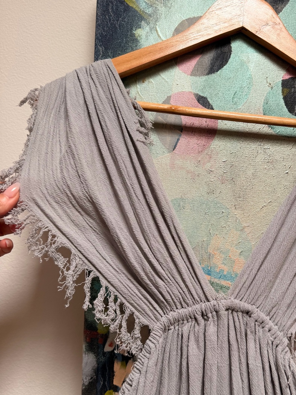 Ilaria Mexico Caftan Wrap Dress Coverup Raw Cotton Voile Gray Blue One Size - Picture 12 of 13
